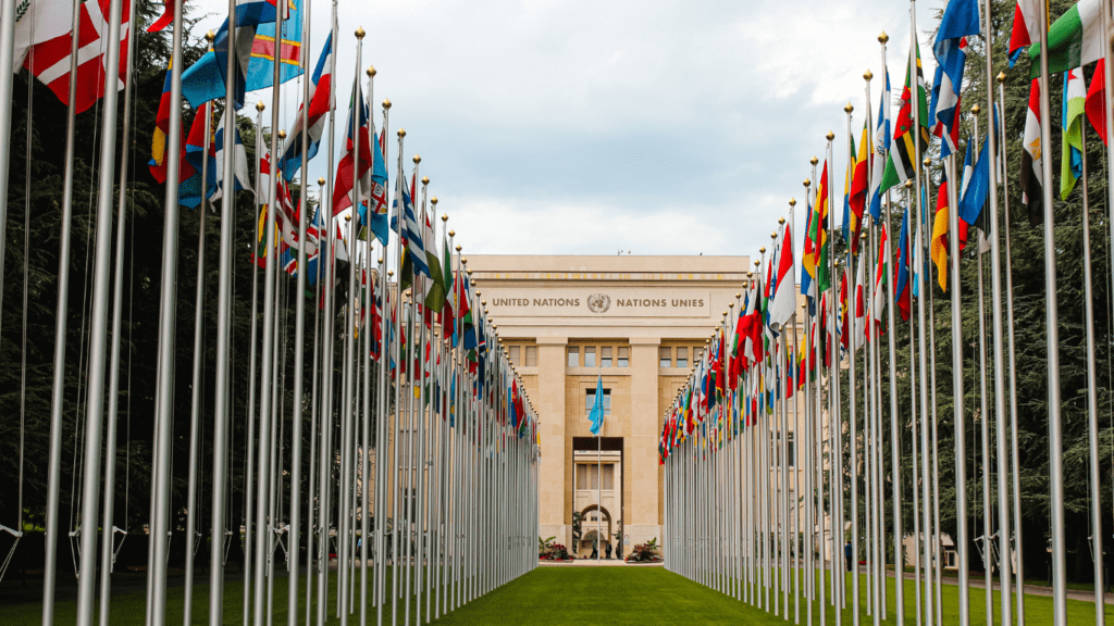 many flags are flying in the wind against a blue sky