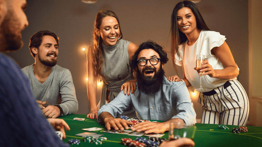 a group of people playing poker at a casino table