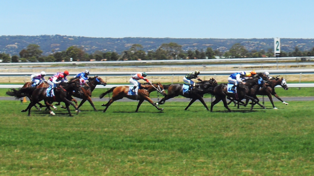 a group of jockeys and horses racing on the track