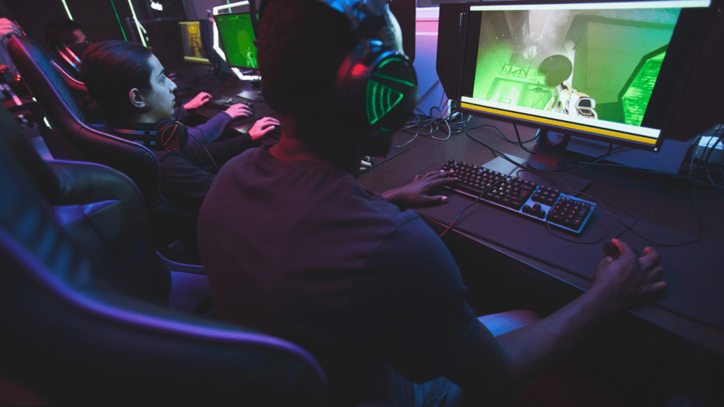 a group of people playing video games in a room